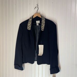 Chancelle NWT Navy Blazer 20 Navy Pearl Beaded Collar Formal Cropped QuietLuxury